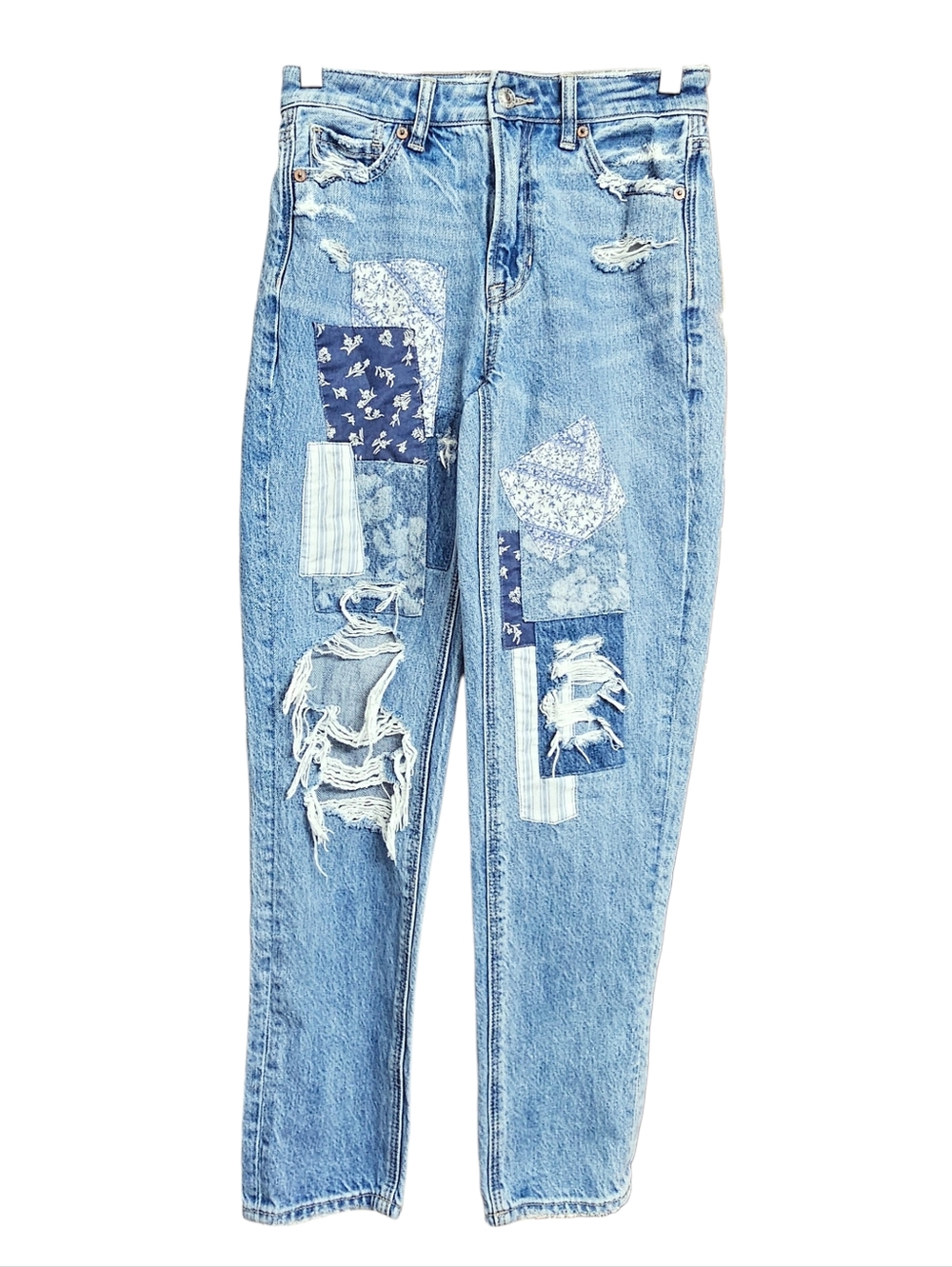American Eagle Patchwork Mom High Rise Straight Leg Distressed Jeans Size 00